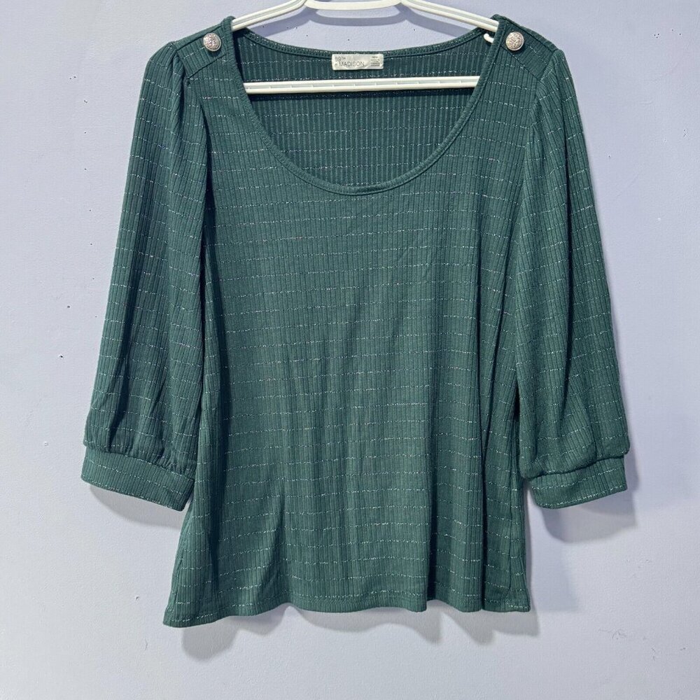 89th + Madison Womens Green Ribbed Lurex Shimmer 3/4 Puff Sleeve Top Size M